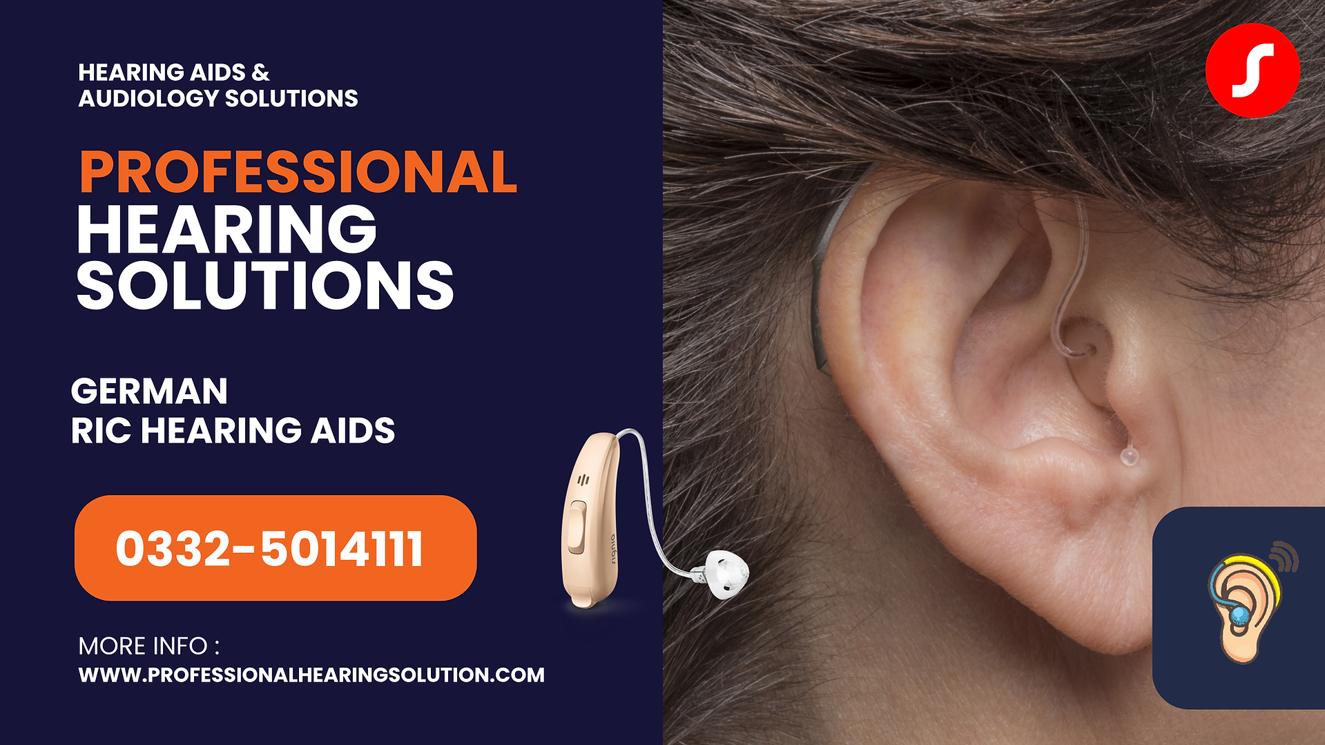 Receiver-in-canal (RIC) hearing aid worn on the ear